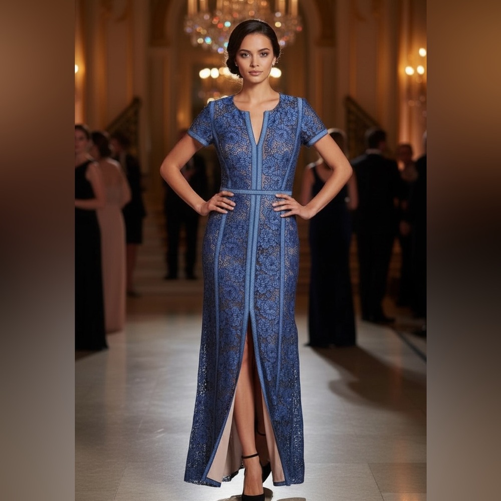 BCBGMAXAZRIA Elegant Blue Lace Gown